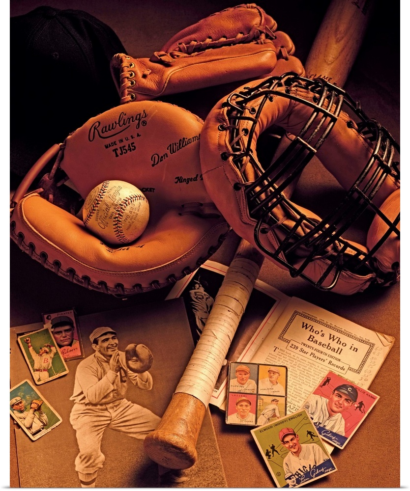 Photograph of vintage baseball gear and memorabilia.