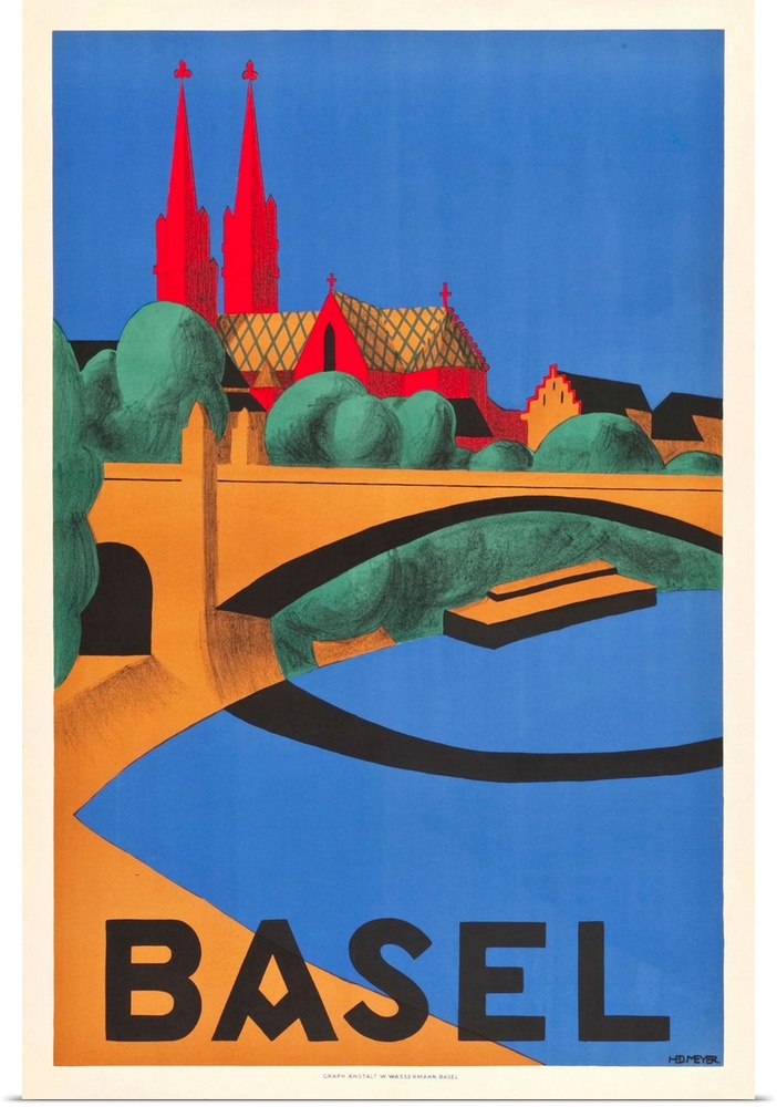 Vintage travel advertisement for Basel, Switzerland.