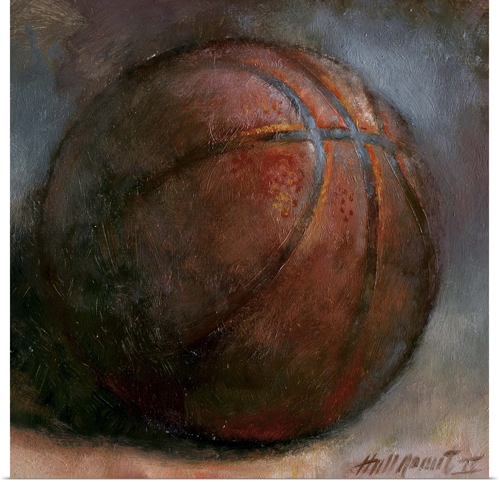 Contemporary still-life painting of a basketball against a neutral background.
