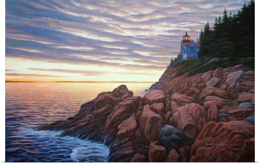 Contemporary artwork of a view of a rocky sea coast at sunset.