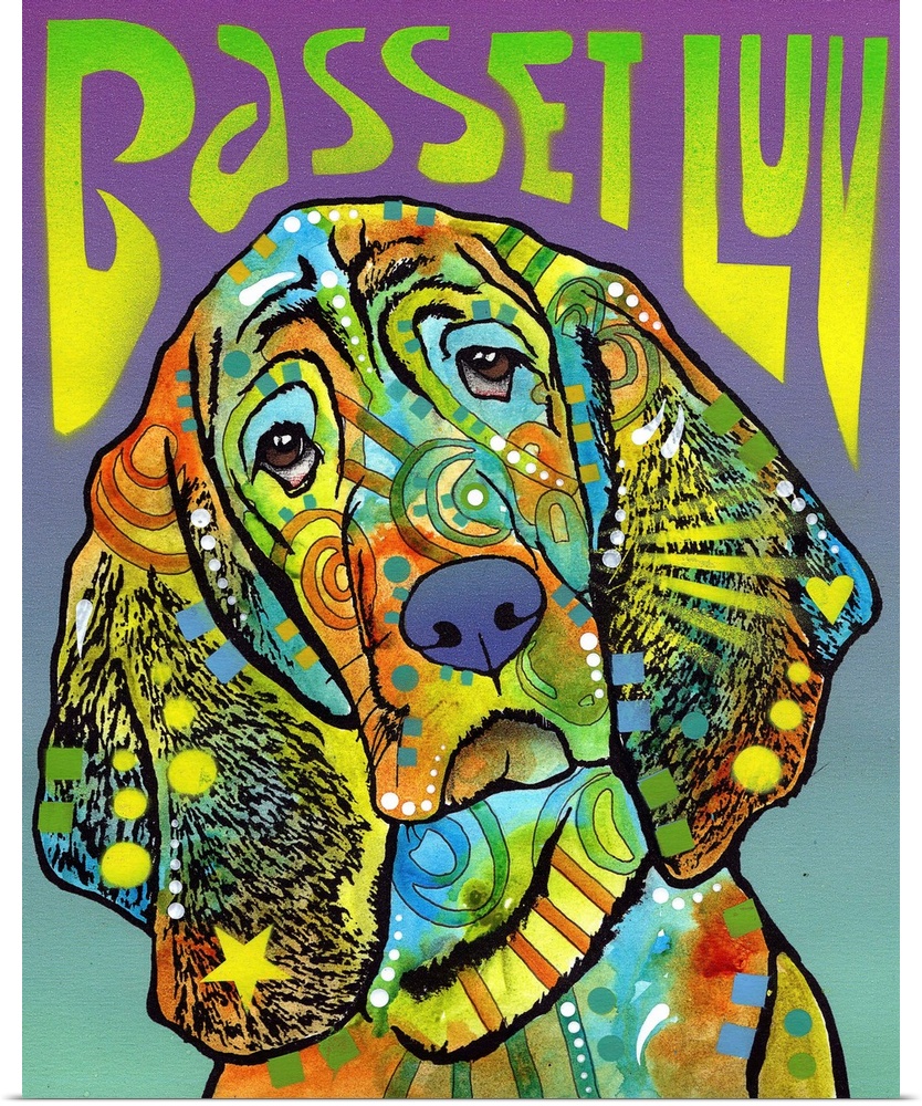 "Basset Luv" written above a colorful portrait of a Basset Hound with abstract markings.