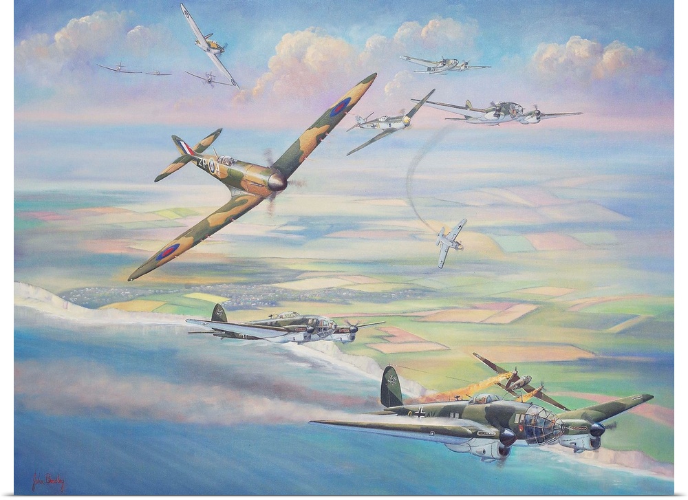 Contemporary painting of military planes in the heat of battle.