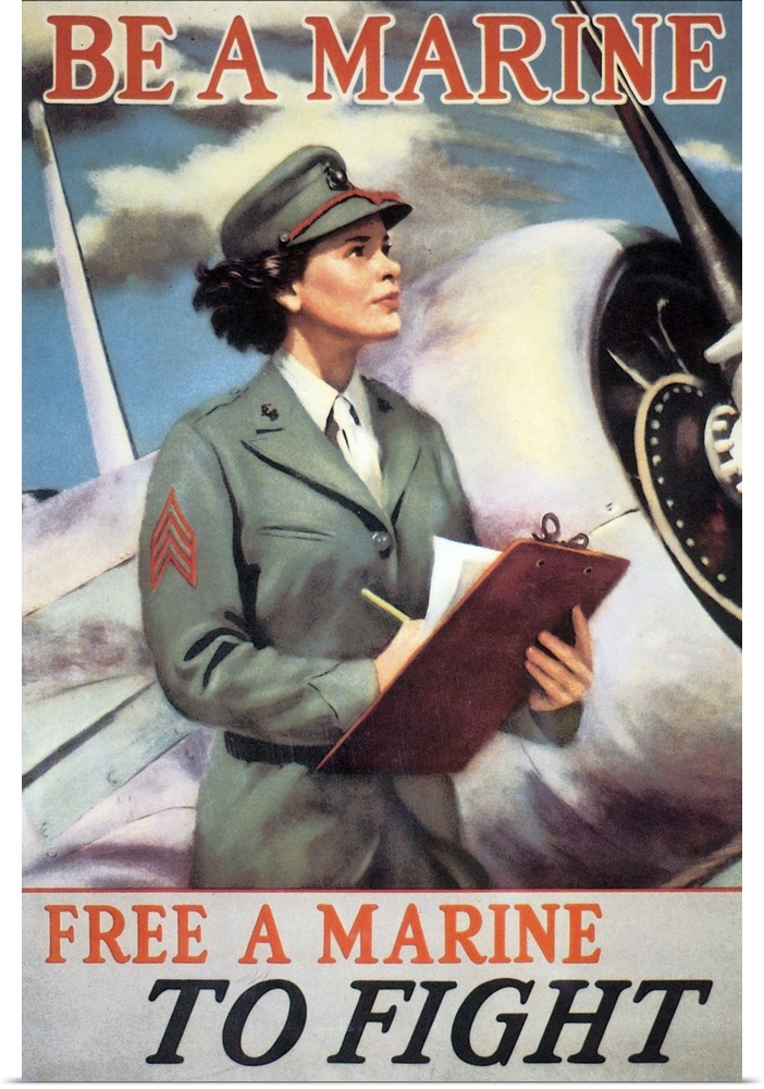 Vintage propaganda artwork of a patriotic woman standing by a fighter plane.