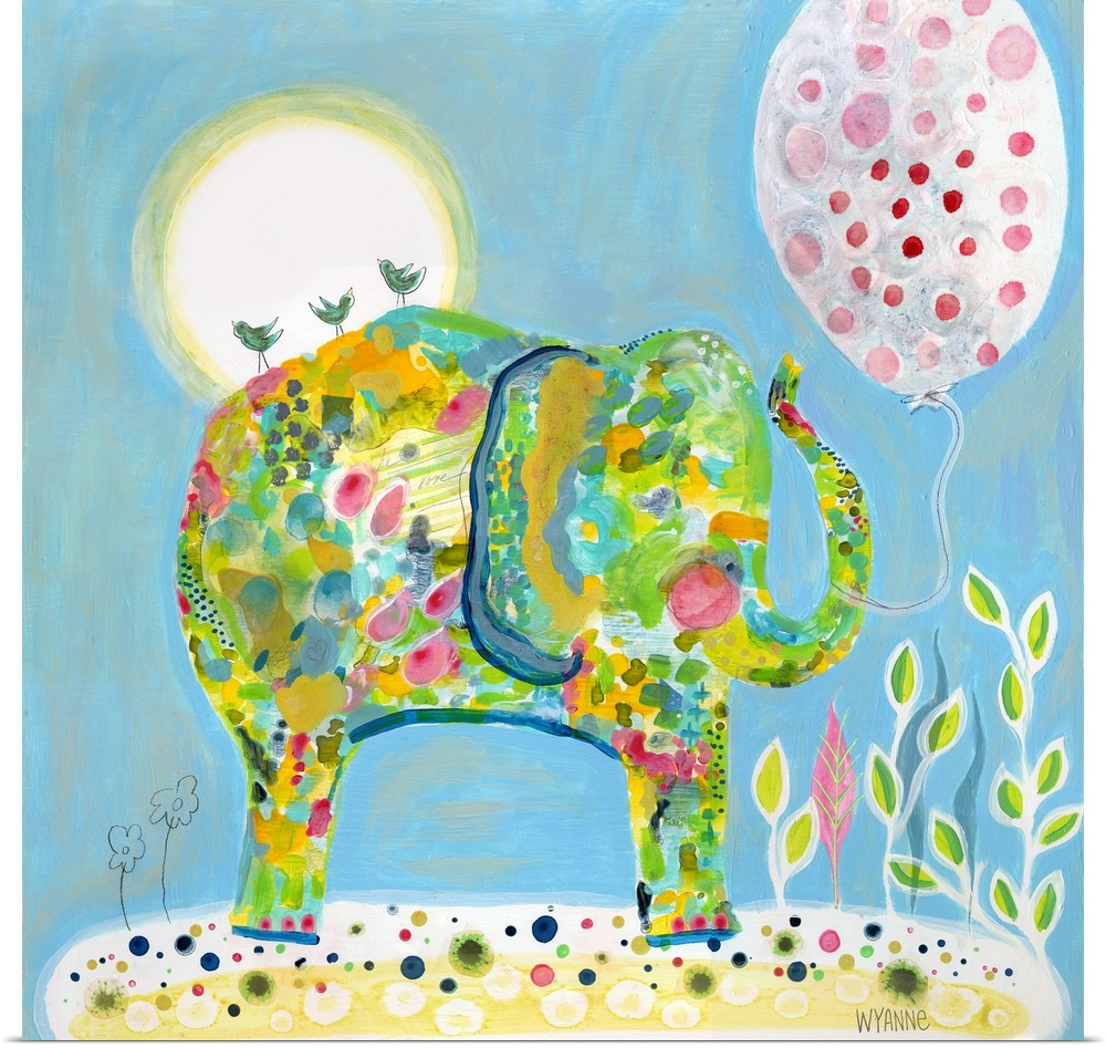 An elephant in blue and green under the sun with a pink balloon.