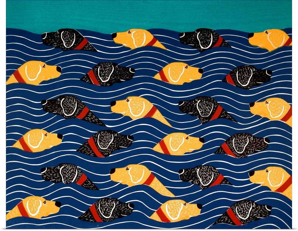 Pattern of black and yellow labs swimming in the ocean waves in opposite directions.