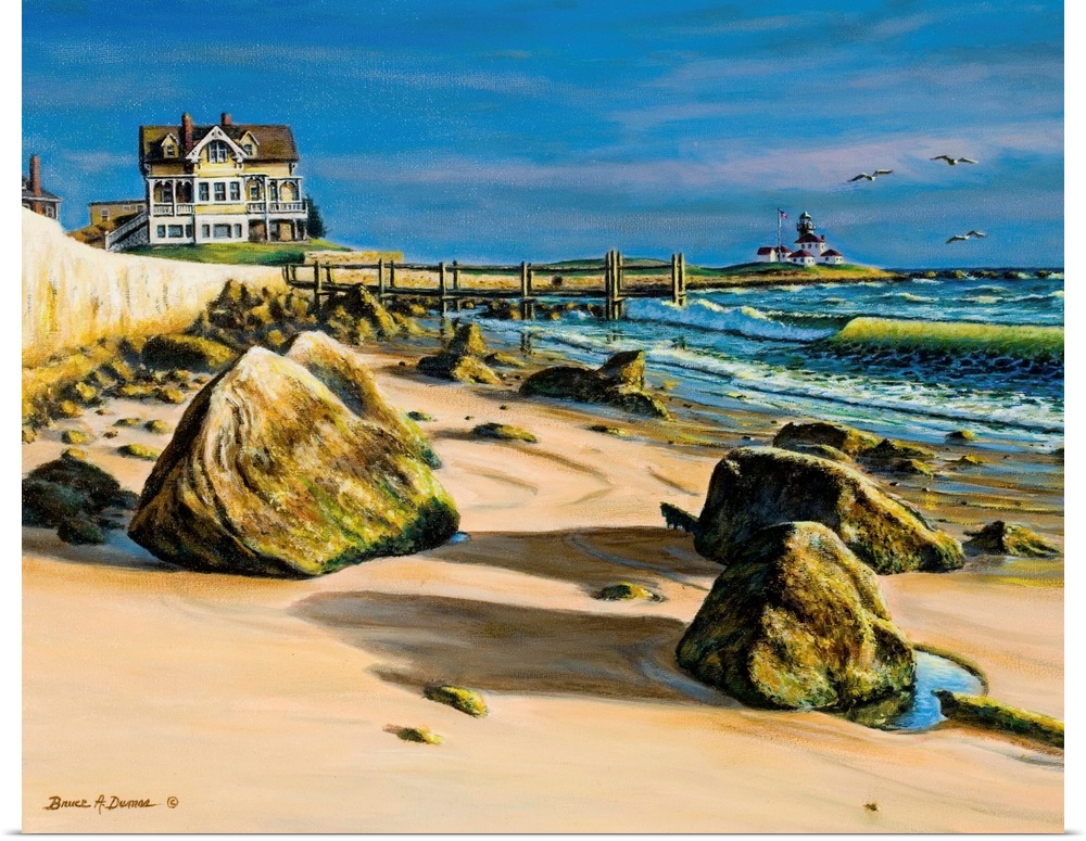 Contemporary painting of a beach scene with a house and lighthouse in the background.