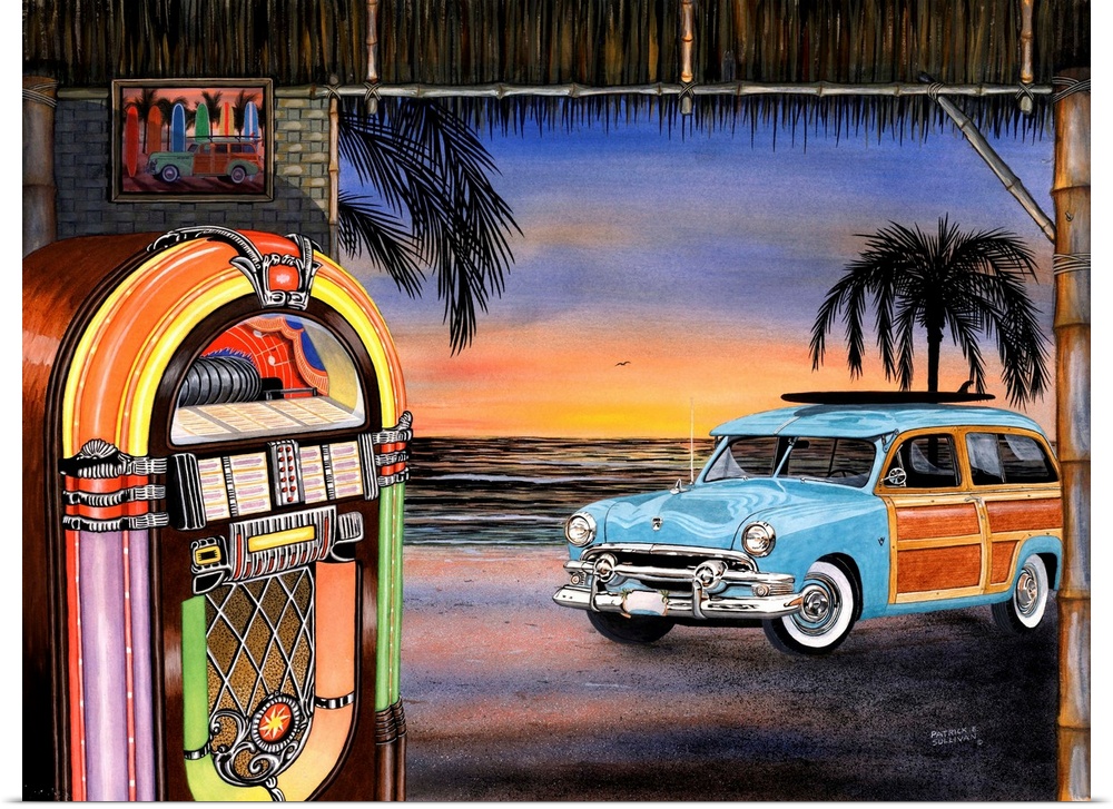 Artwork of a vintage blue woody wagon car out front of a beach hut with a lit up jukebox inside.