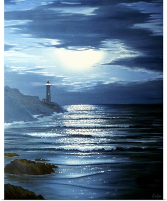 Beach With A Lighthouse In The Distance, At Night