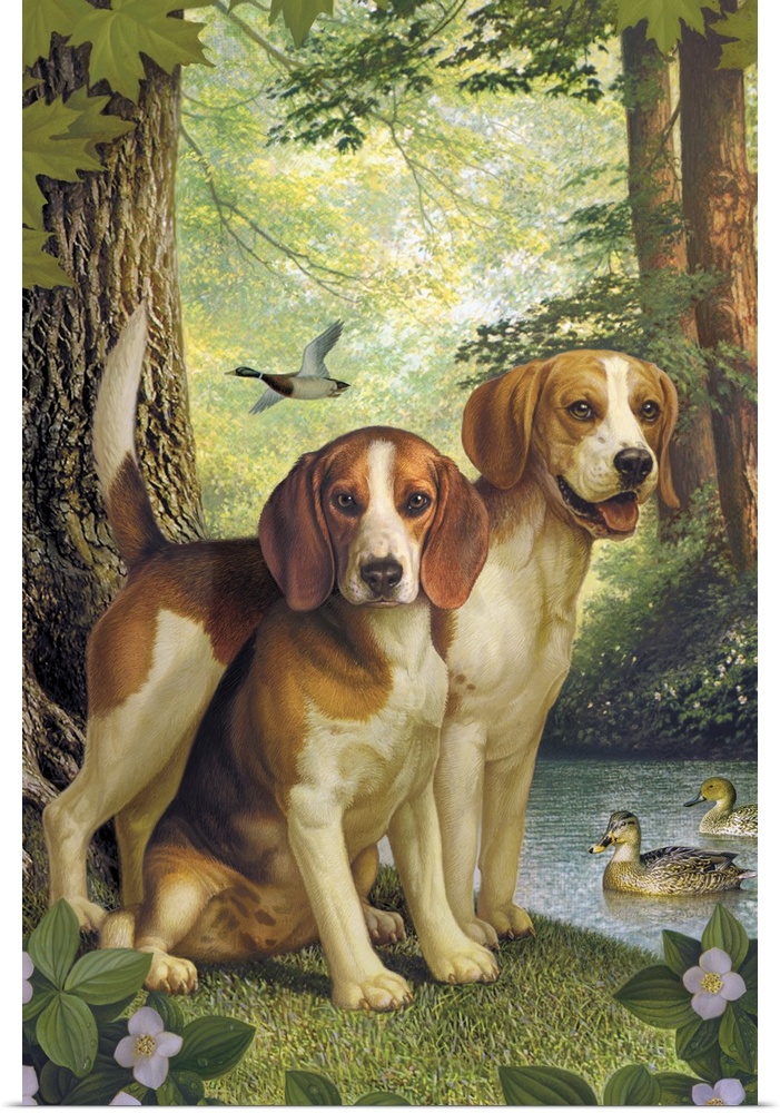 Two beagles with ducks in the background in a forest.