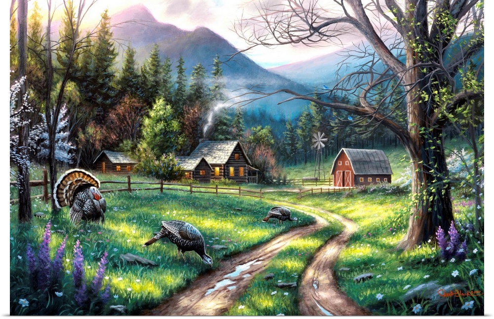 Contemporary landscape painting with a dirt road in the center leading to log cabins and a barn with wild turkeys on the s...