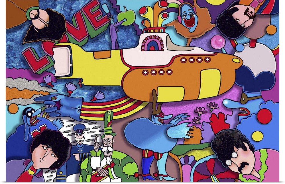 Contemporary artwork of a yellow submarine surrounded by bright colors and musical artists.