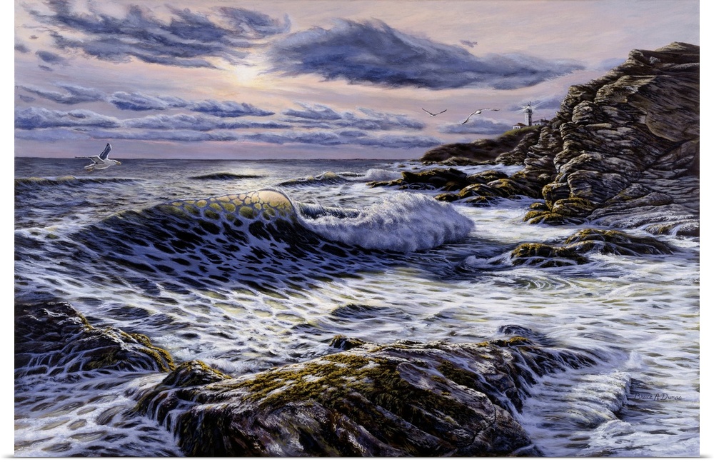 Contemporary painting of a stormy seascape with a lighthouse.