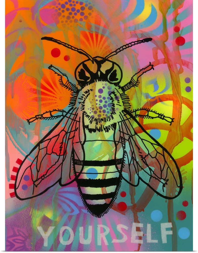 Black illustration of a bee on a colorful graffiti style background with "Yourself" written underneath the bee.