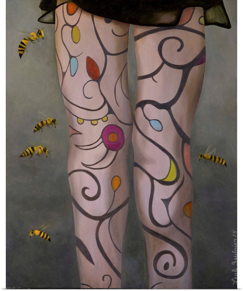 Surrealist painting of a woman's legs with flowers and vines painted on them with bees hovering in the air around them.