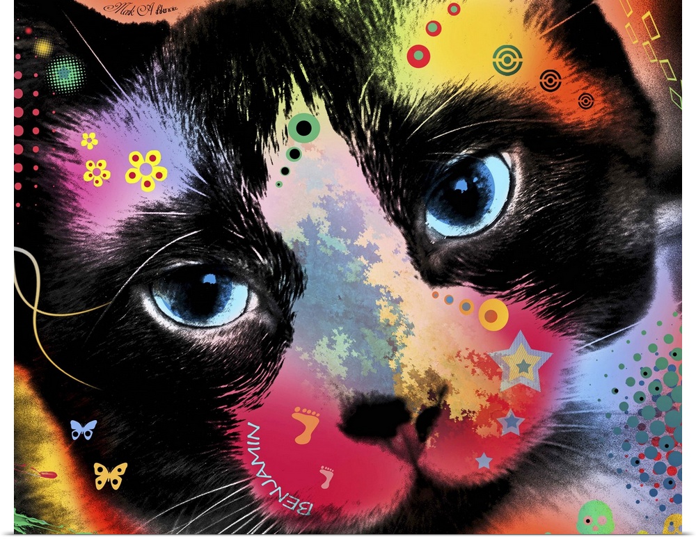 Contemporary artwork of a cat colored in an array of bright and vibrant colors.