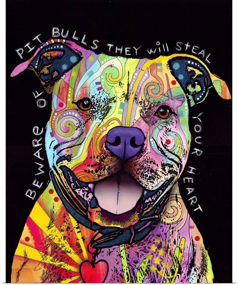 Abstract portrait of a pitbull dog with multicolored lines and shapes within its outline. The dog has a collar on and his ...