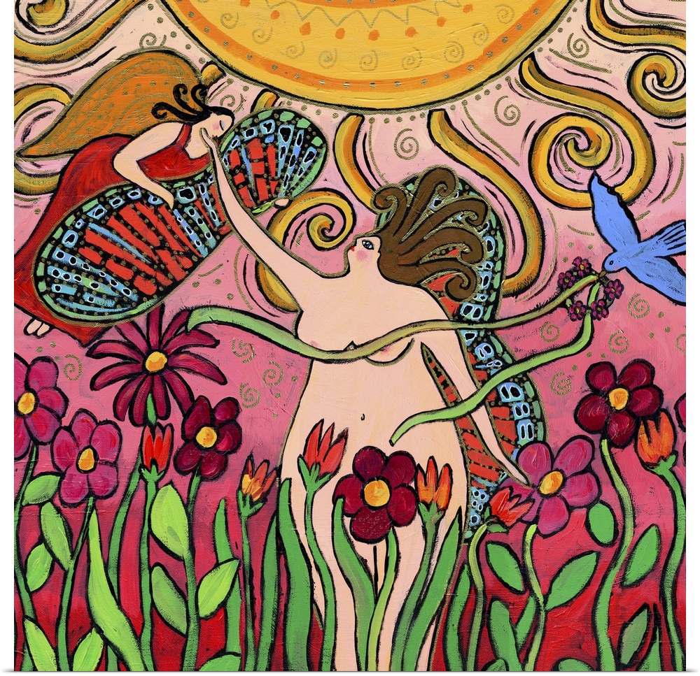 A nude woman in a garden with an angel giving her wings, under a large sun.