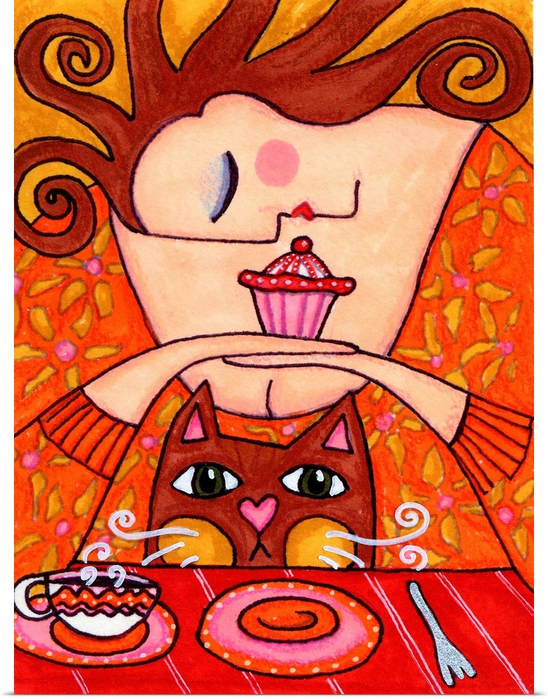 A woman in a red sweater holding a cupcake in her hands with a cat on her lap.