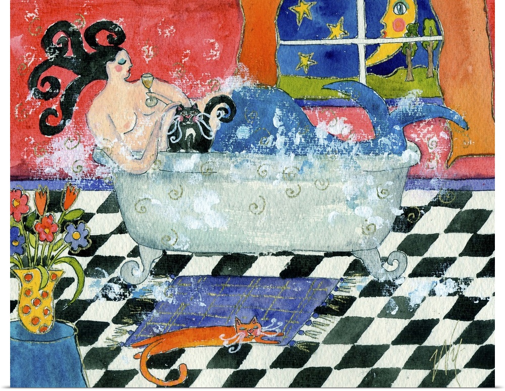 A mermaid in a bathtub in the evening.