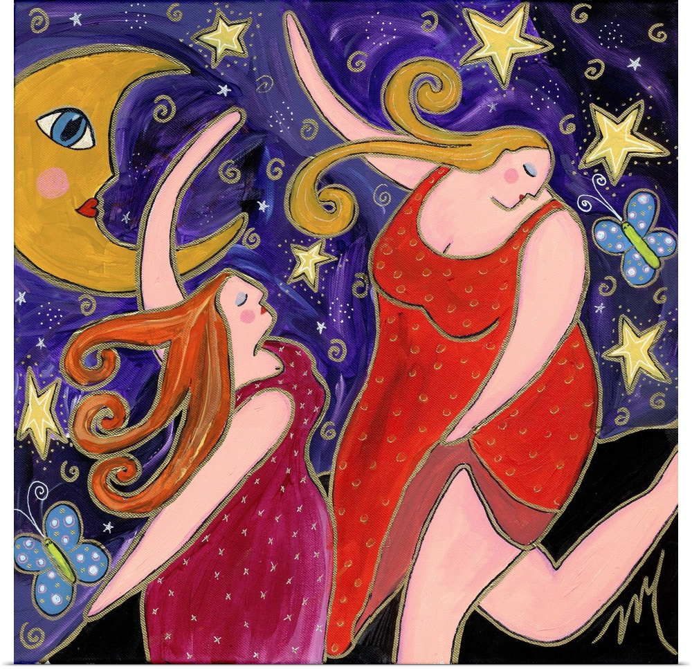 Two women in red dresses dancing under the crescent moon.