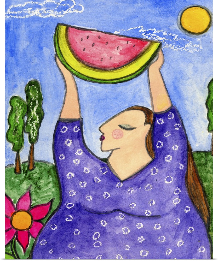 A woman in purple holding up a slice of watermelon.