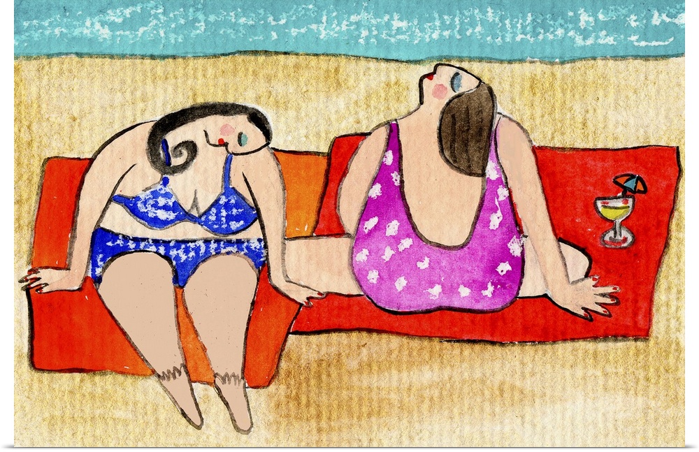 Two women in swimsuits sitting near the ocean on red towels.