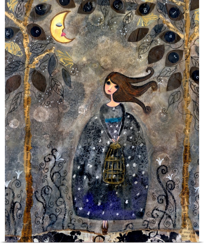 A girl in a dark dotted dress in a forest under the moon.