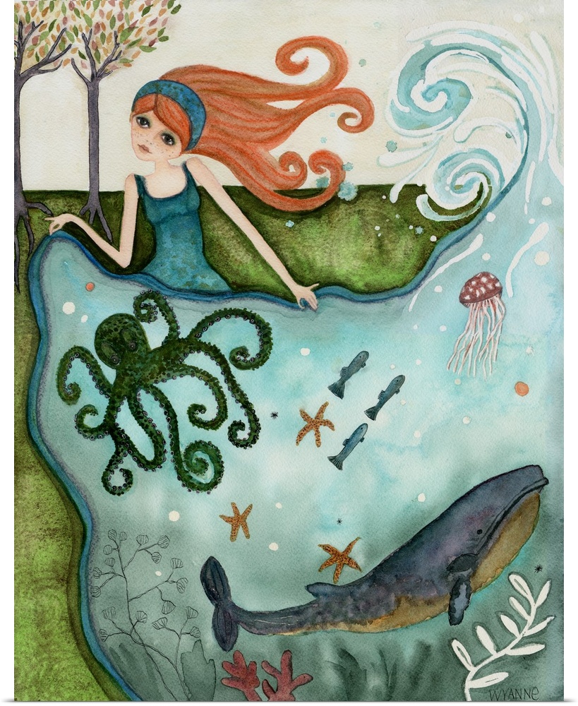 A woman creating an ocean full of fish, octopus, and whales.