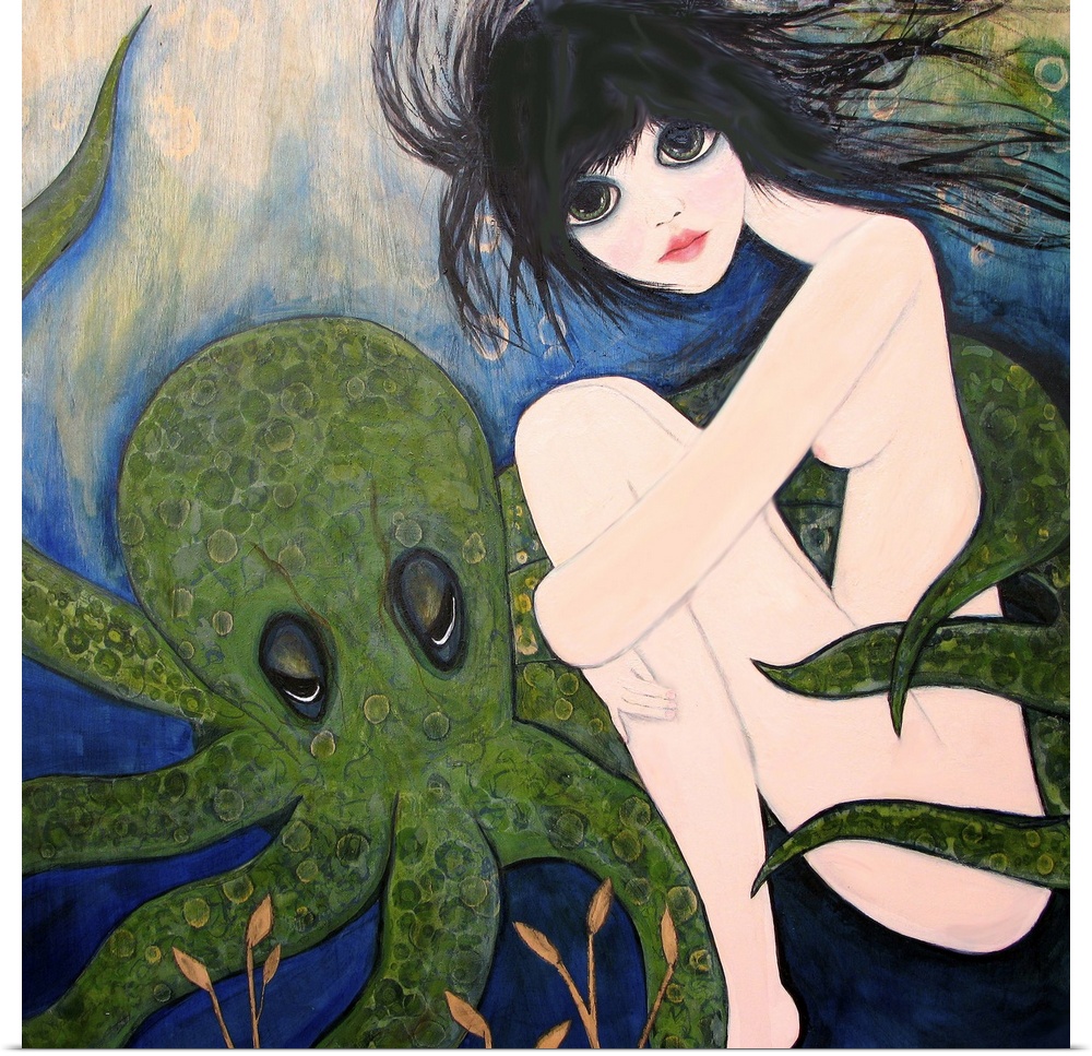 A nude woman underwater with a green octopus.