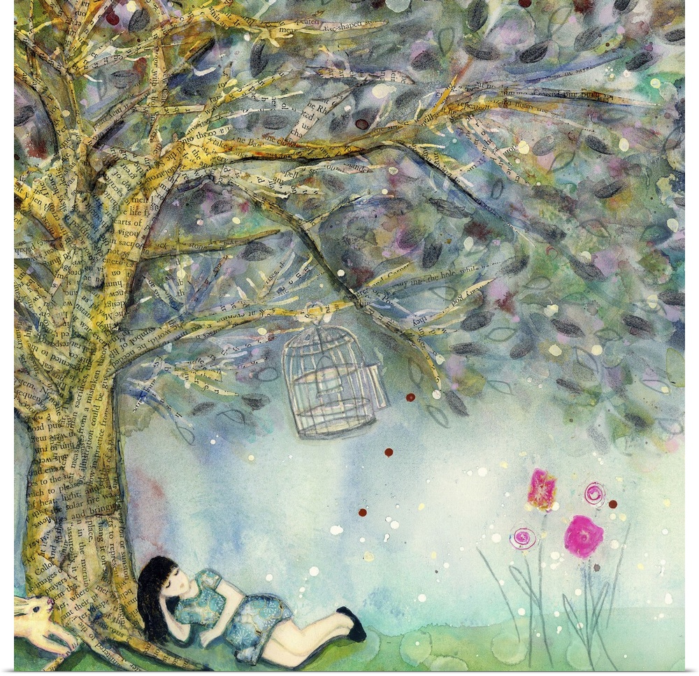 A girl napping under a tree with a birdcage hanging in the branches.