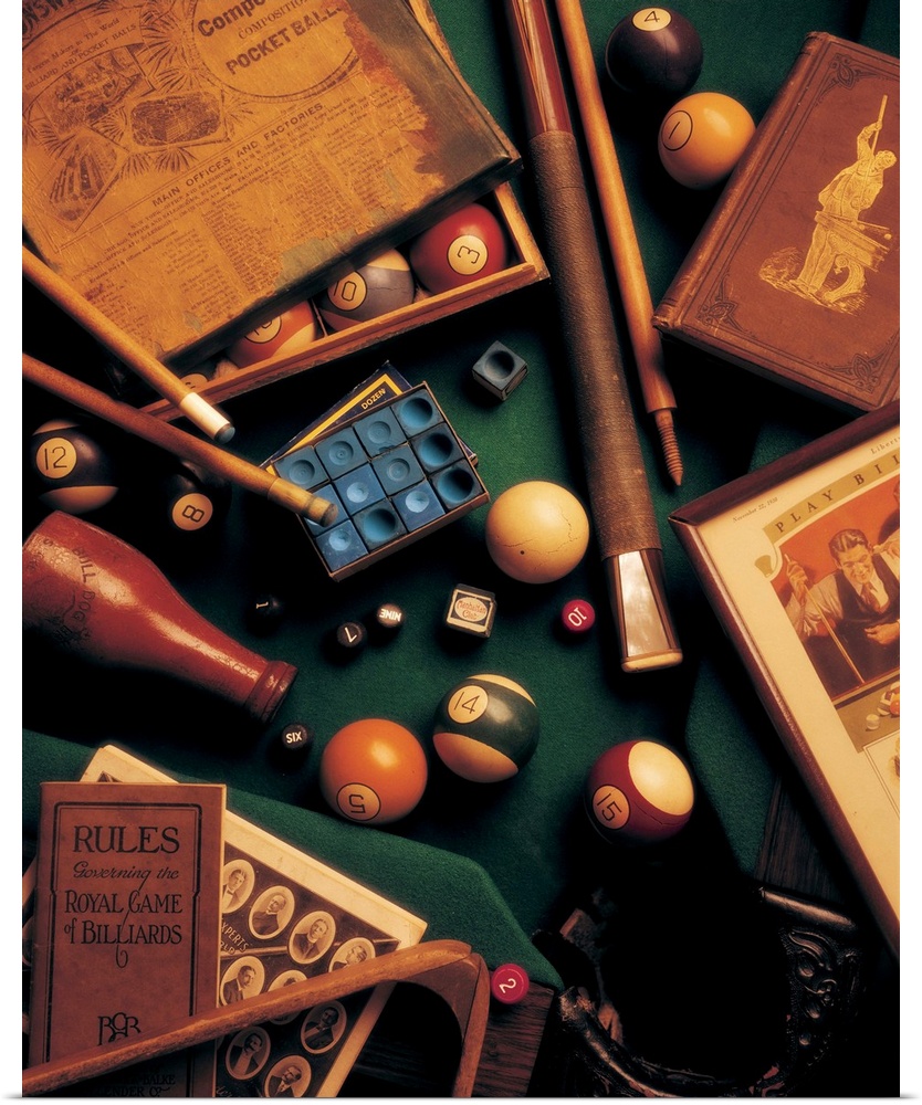 Photograph of vintage billiards gear and memorabilia.