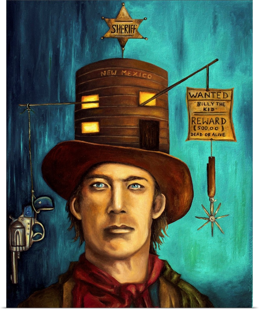 Surrealist painting of a portrait of a Billy the kid the famous western outlaw.