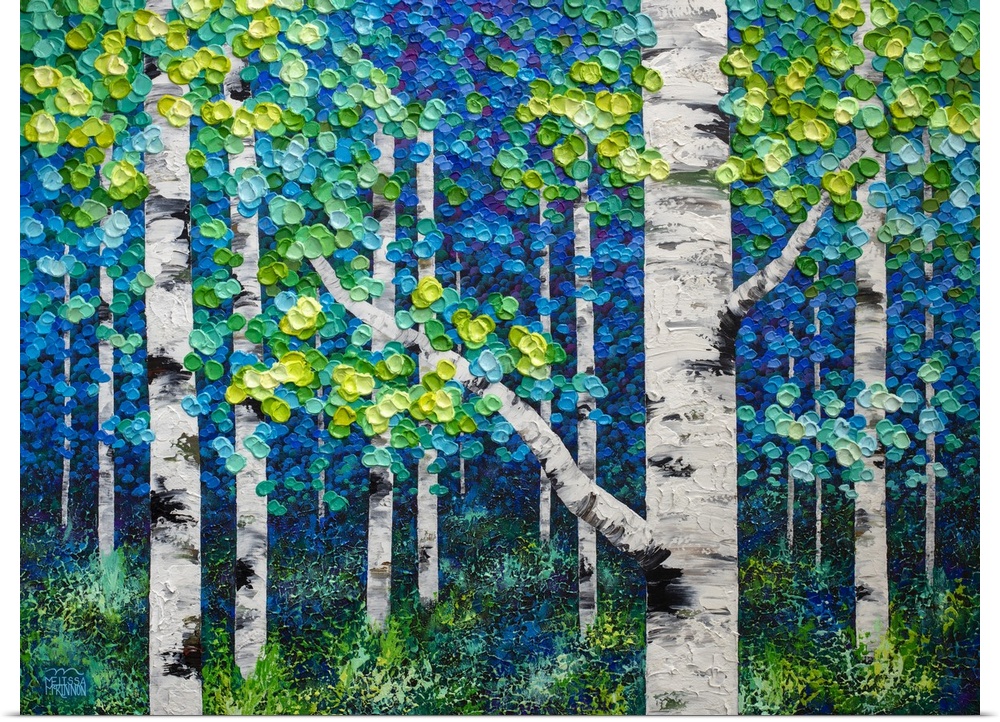 Large original painting of green, blue, yellow aspen trees and birch trees in autumn forest by Canadian abstract landscape...