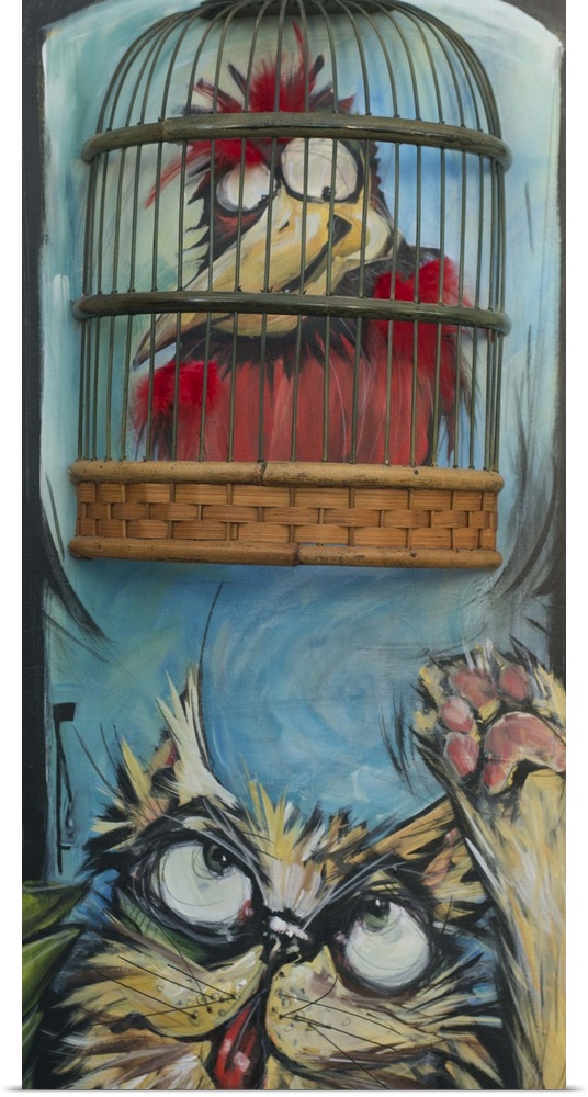 Mixed media painting of a bird sitting over a cat with an actual cage.