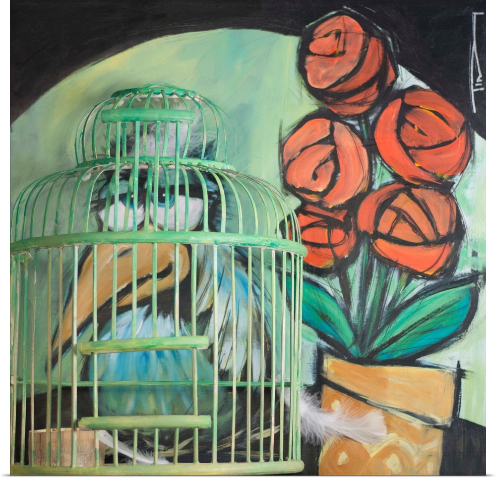 Mixed media painting of a bird next to roses in a vase, with an actual cage.