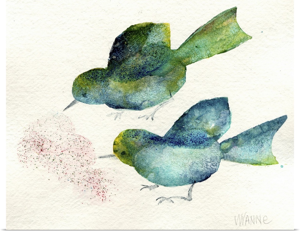 Two watercolor birds looking at seeds on the ground.