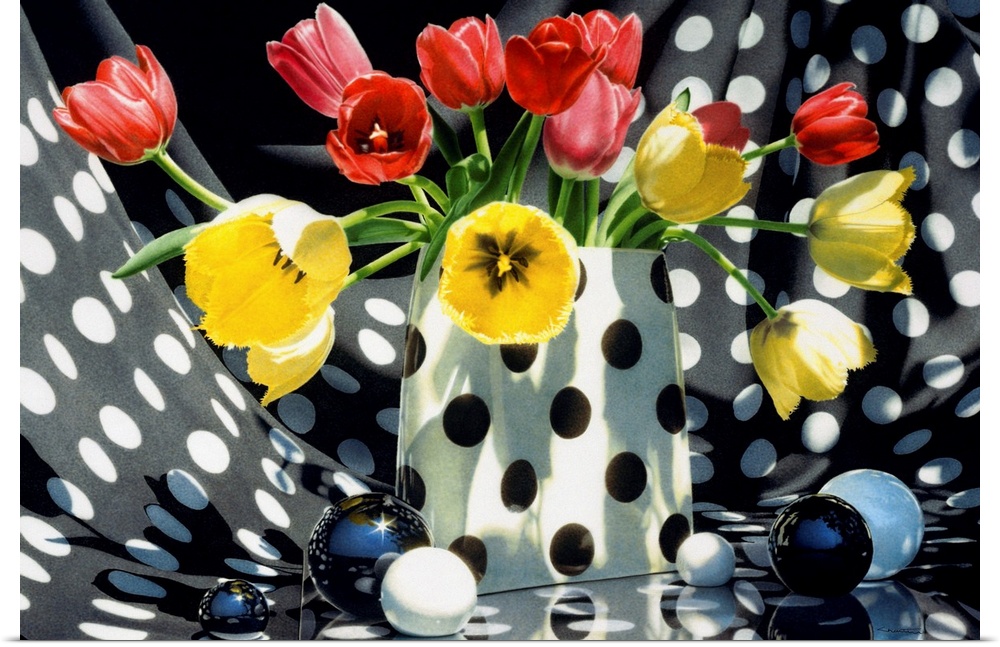 Contemporary vivid realistic still-life painting of red and yellow tulips sitting in a polka dotted vase, surrounded by po...