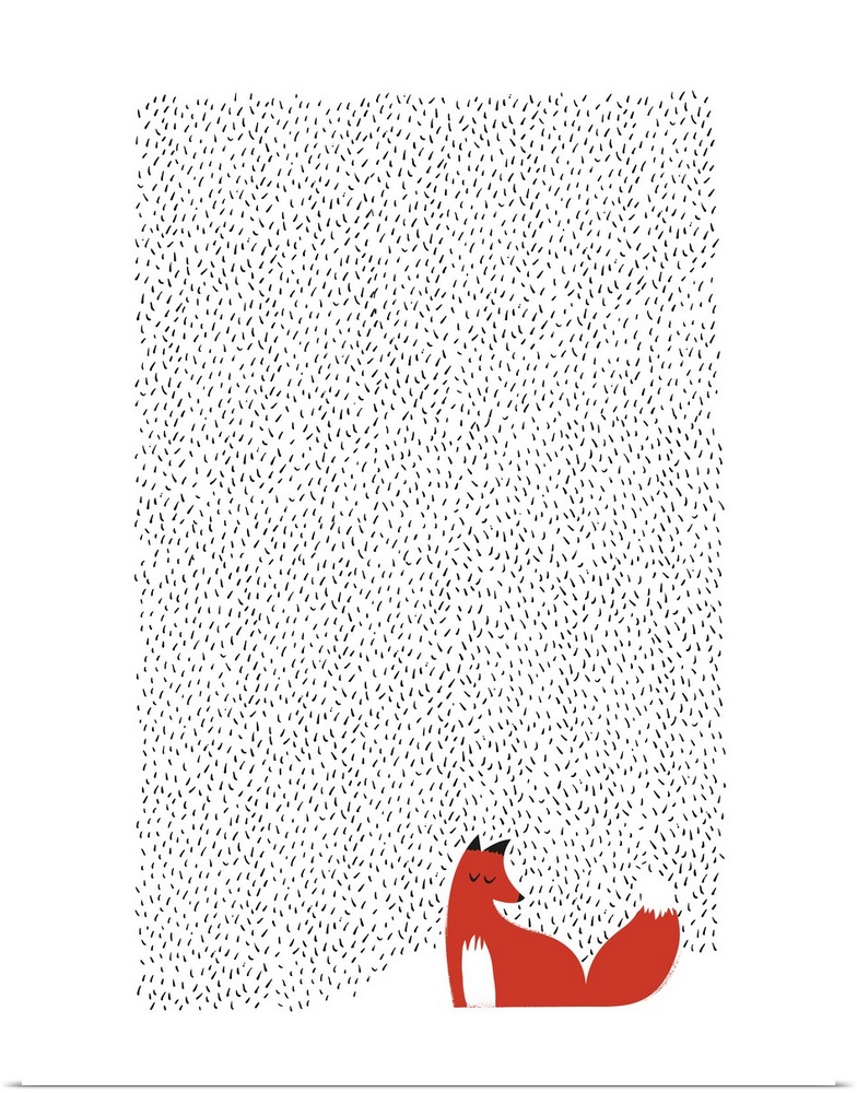 Contemporary artwork of a red fox surrounded by a lined pattern against a white background.