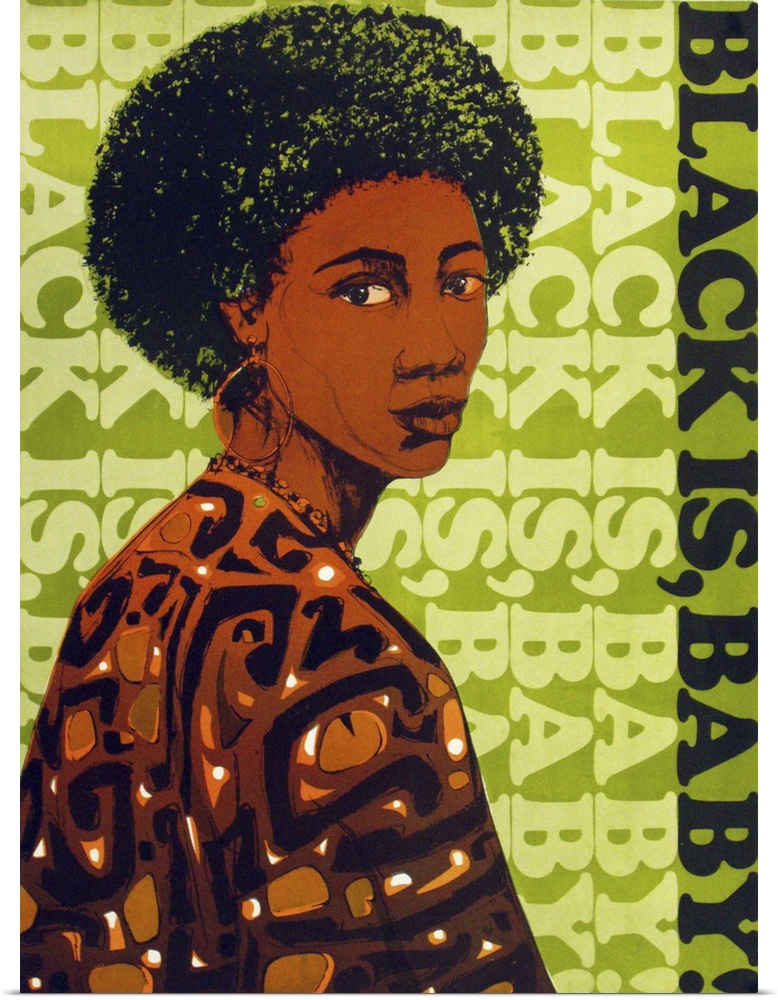 Vintage poster artwork of an African-American woman looking over her shoulder with lime green text in the background.