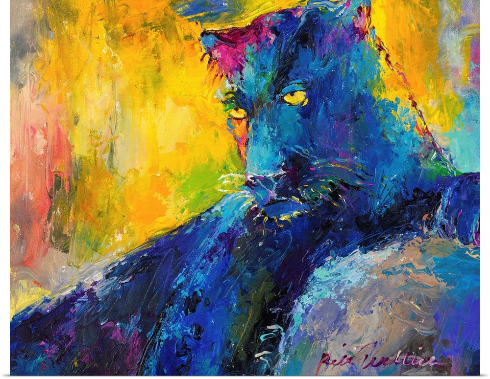 Colorful abstract painting of a panther resting.