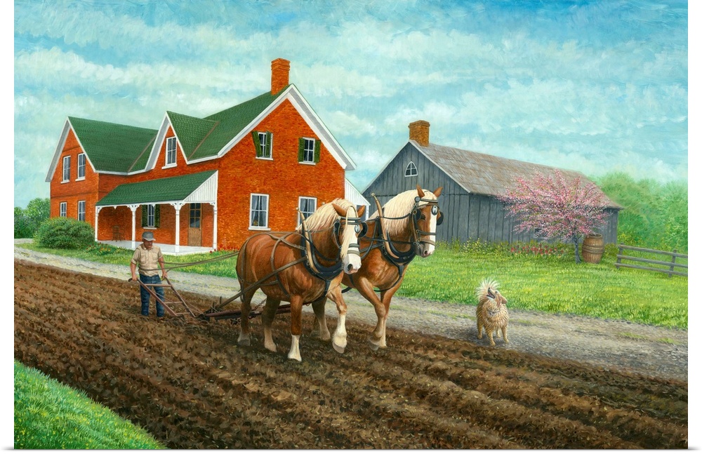 Contemporary artwork of two horses pulling a plow in a field.