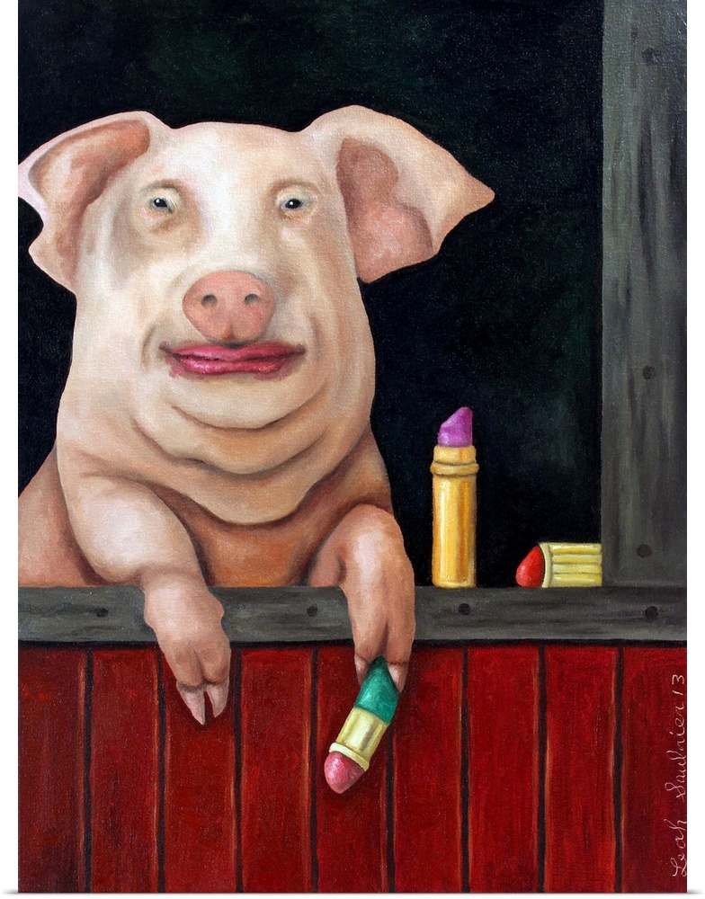 Surrealist painting of a pig putting lipstick on.