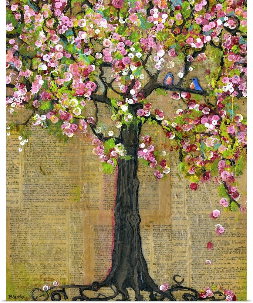 Lighthearted contemporary painting of a flowering tree, against a newsprint background.