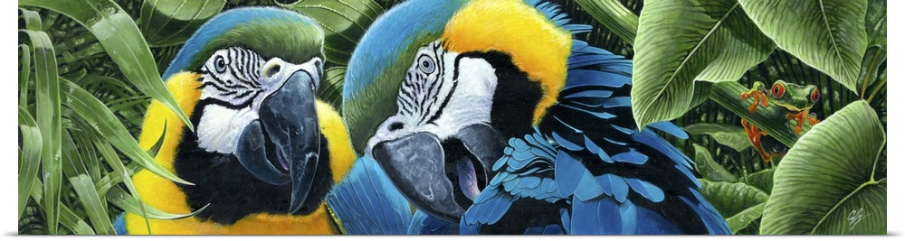 Contemporary painting of two colorful tropical parrots.