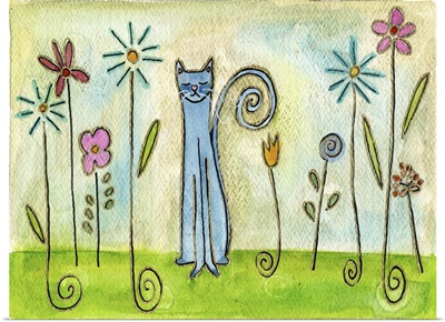 Blue Cat In The Flower Garden
