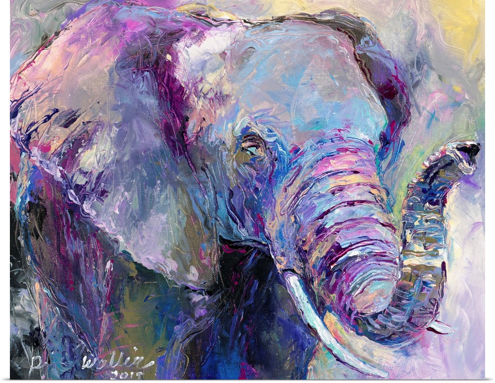 Abstract painting of an elephant with cool tones.