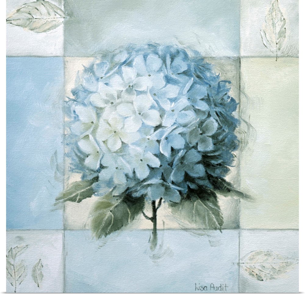 A bushel of hydrangeas are painted in the center of softly colored blocks with leaves painted in each corner.