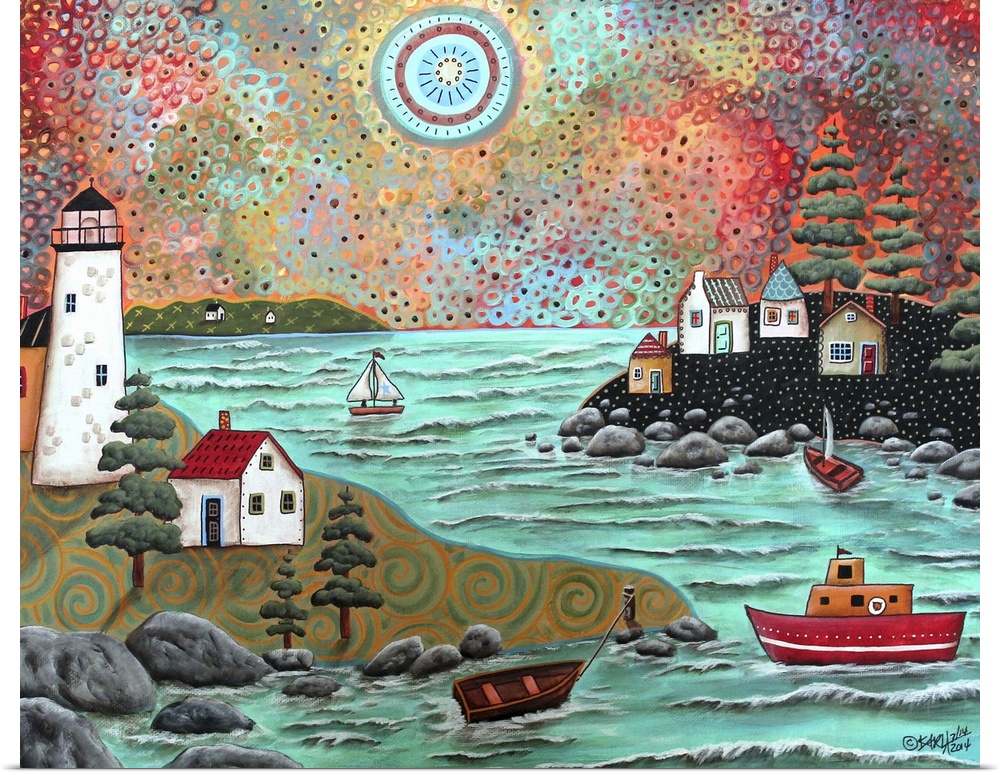 Contemporary painting of a coastal scene with a lighthouse and boats.