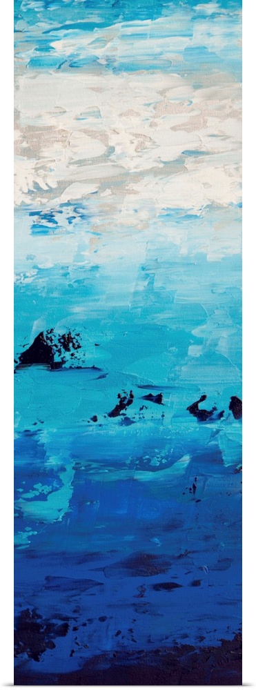 Contemporary abstract painting in blue tones, resembling a bright sky.