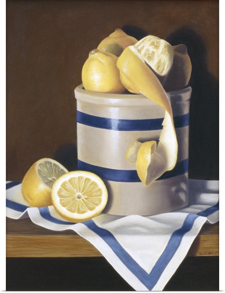 Contemporary vivid still-life artwork of lemons sitting in a white and blue striped ceramic container.